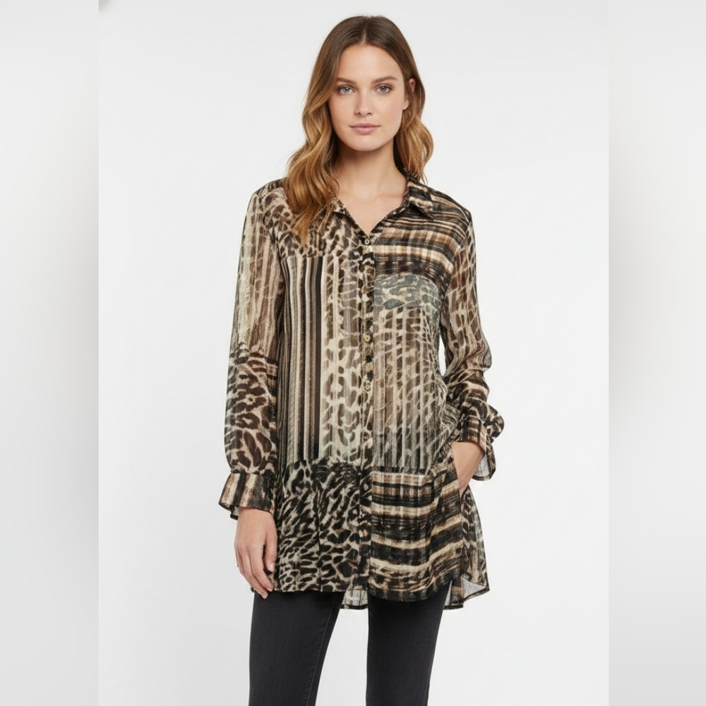 Chico's Brown Button Down Leopard Tunic Metallic Sheer Mobwife 2 (L)